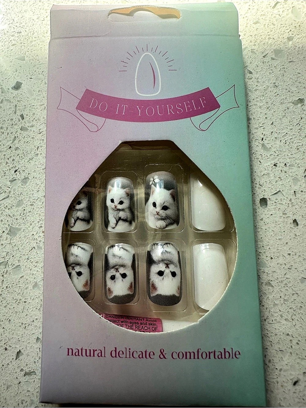 Cat Design Press-On Nails White & Gray NWT